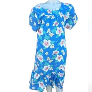 Kalena Fashiions Of Hawaii Floral Blue Dress with Puff Sleeves XL